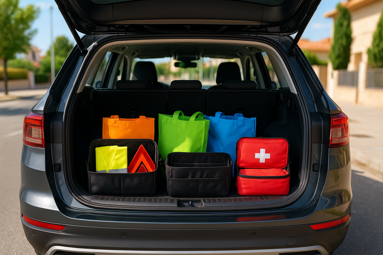Maletero de coche organizado con bolsas de colores, kit de emergencia y organizadores específicos para aprovechar el espacio