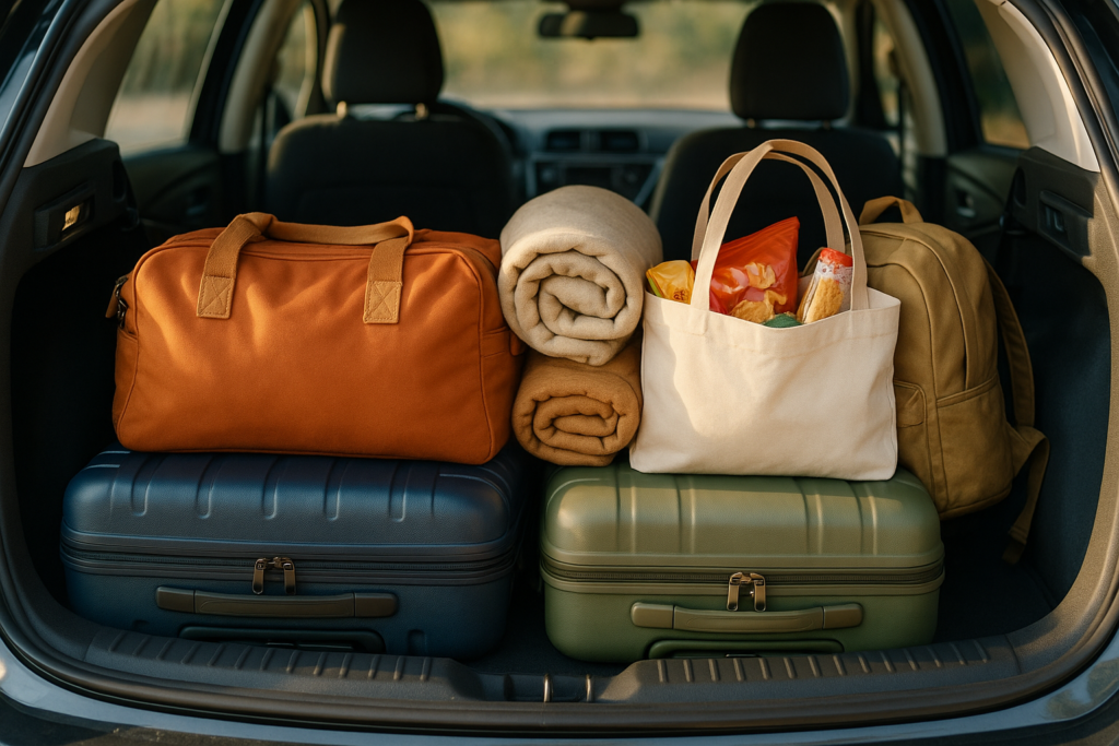 Maletero de coche de renting organizado correctamente para un viaje largo con maletas bien colocadas