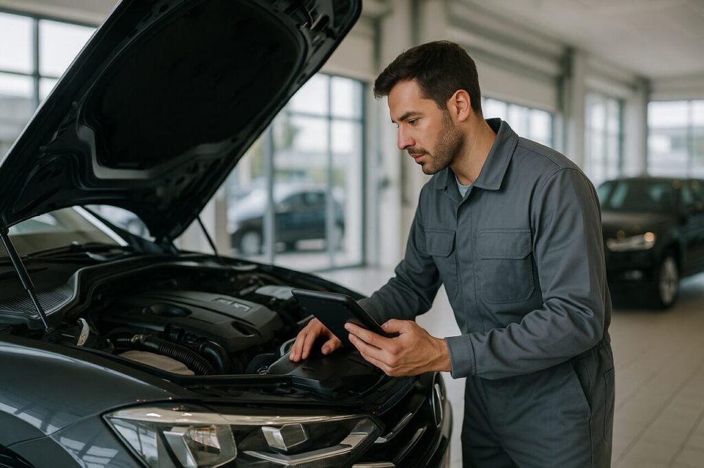 Mecánico revisando el motor de un coche en taller oficial durante mantenimiento de renting