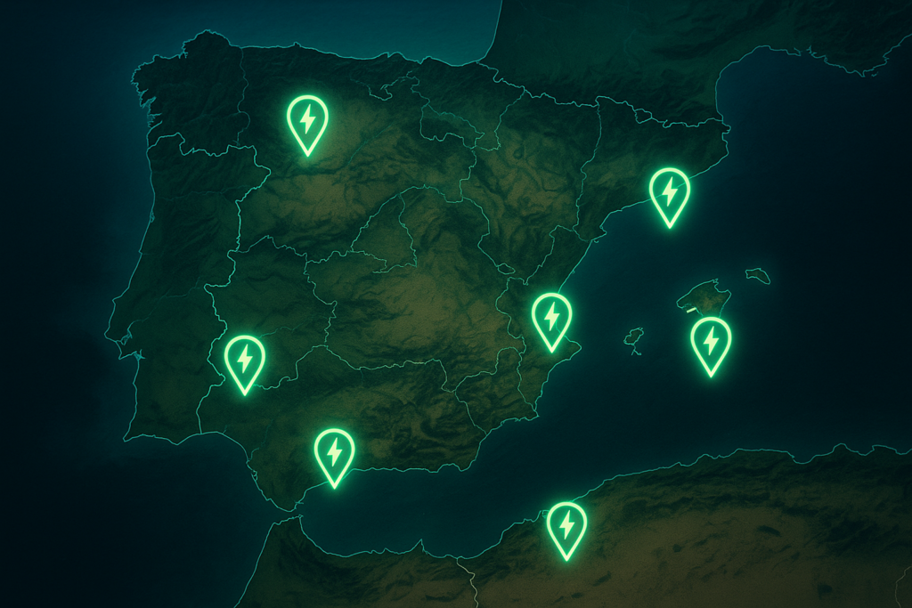 Mapa de España con la distribución de puntos de carga para coches eléctricos por provincias