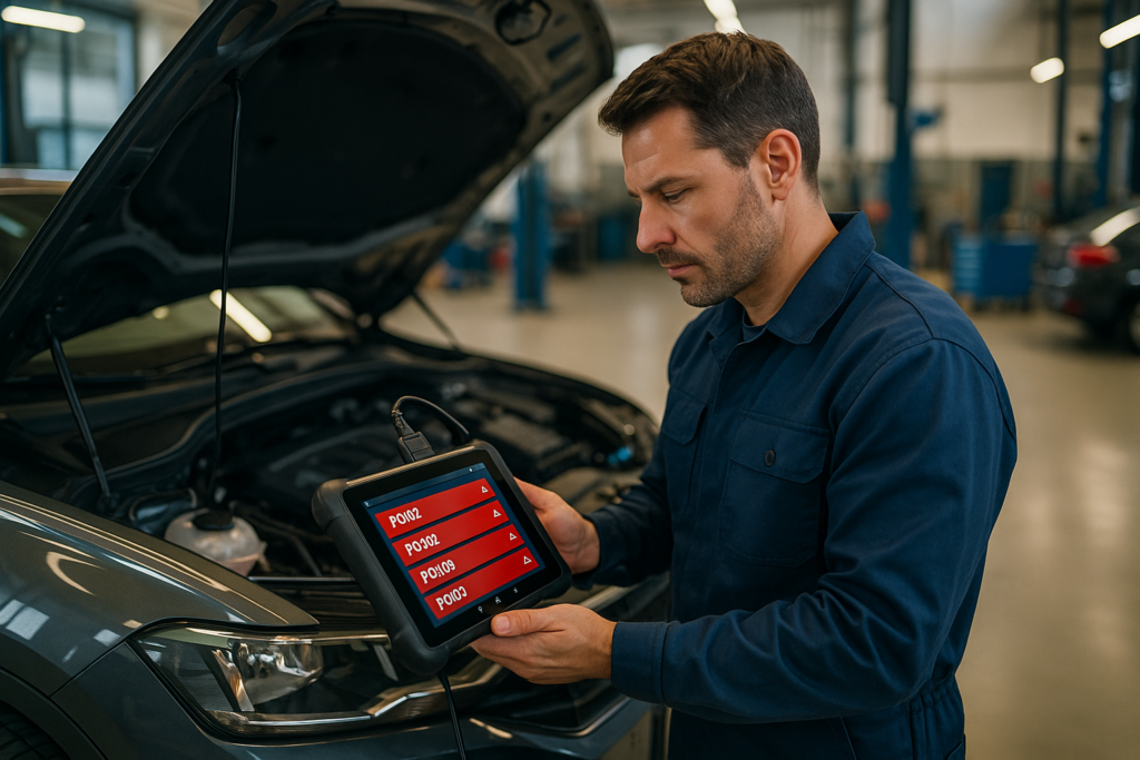 Mecánico realizando diagnóstico electrónico con escáner a un coche para detectar pérdida de potencia