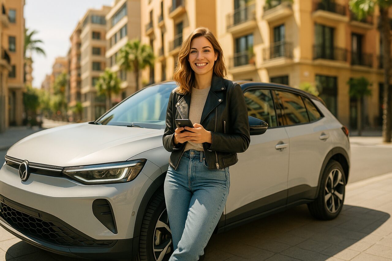 Joven millennial sonriente apoyada en un SUV eléctrico moderno en una ciudad española, representando el renting de coches para jóvenes