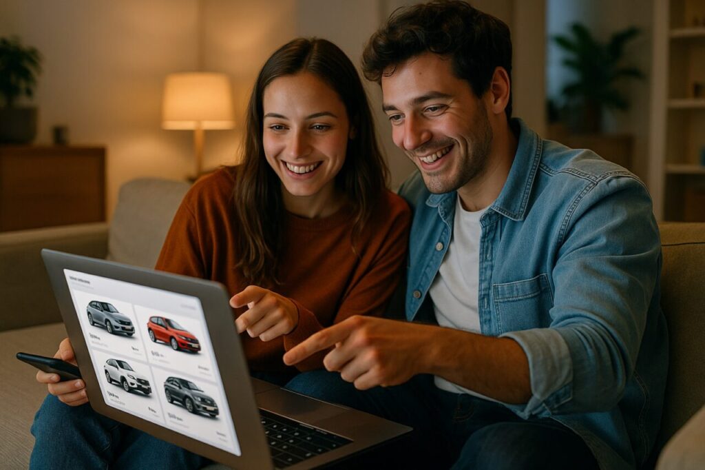 Pareja joven contratando renting de coche online desde casa, proceso digital 100% para millennials y generación Z en España