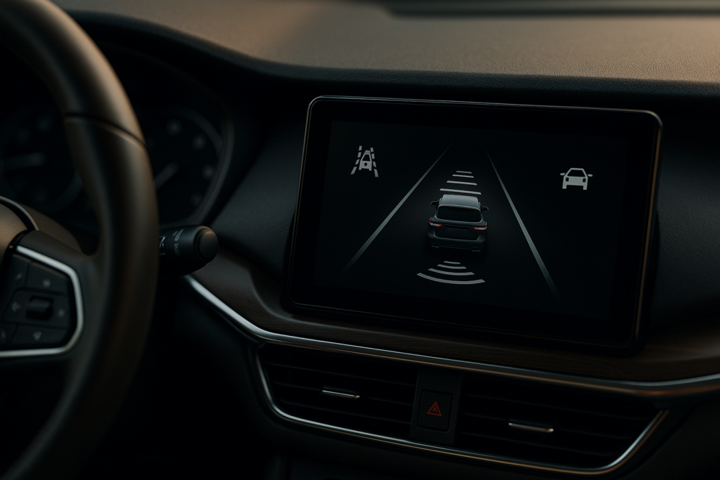 Panel de control interior de un vehículo moderno mostrando los sistemas ADAS activos como control de crucero adaptativo y asistente de carril