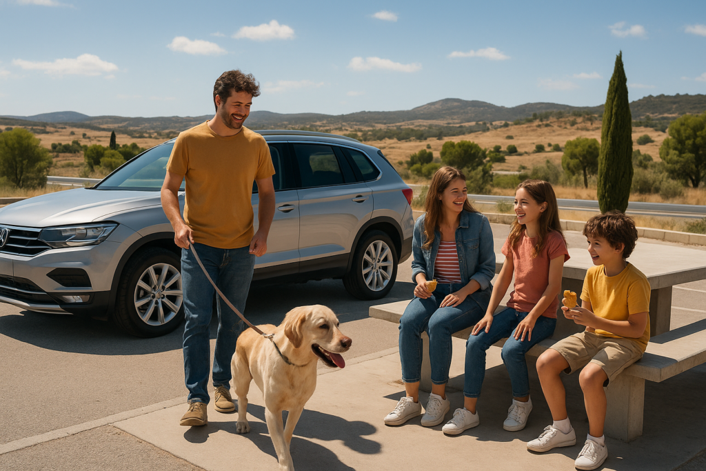 Parada en carretera durante un viaje con perro en coche de renting en España