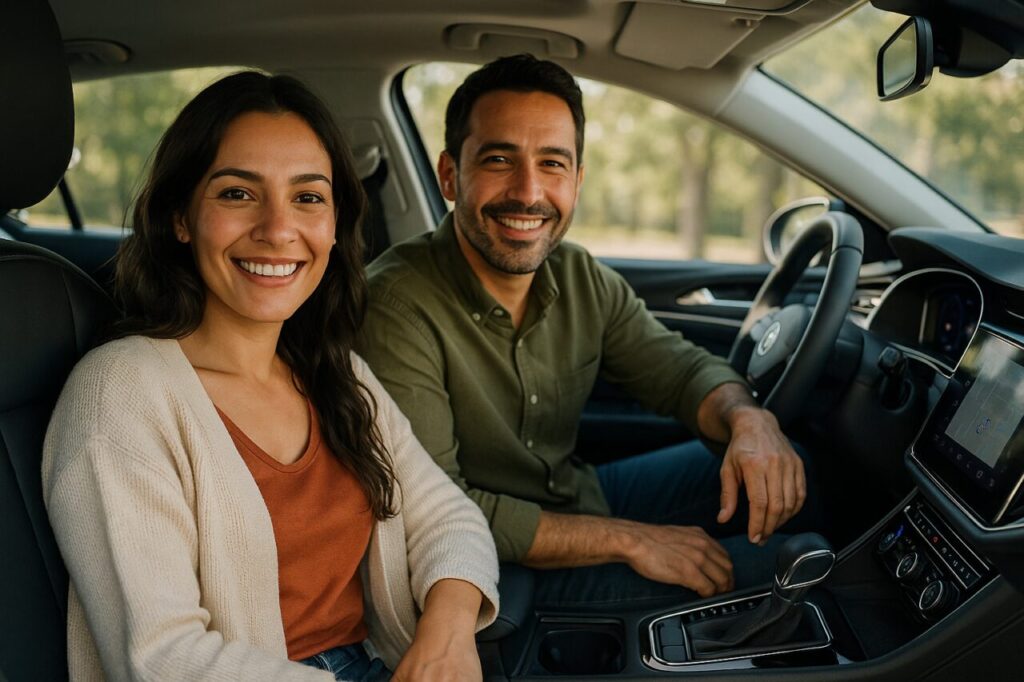 Pareja disfrutando de un coche nuevo de renting sin preocupaciones ni entrada inicial en España