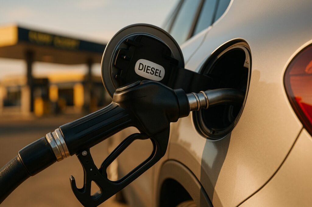 Primer plano de pistola de combustible en el depósito de un coche en gasolinera barata