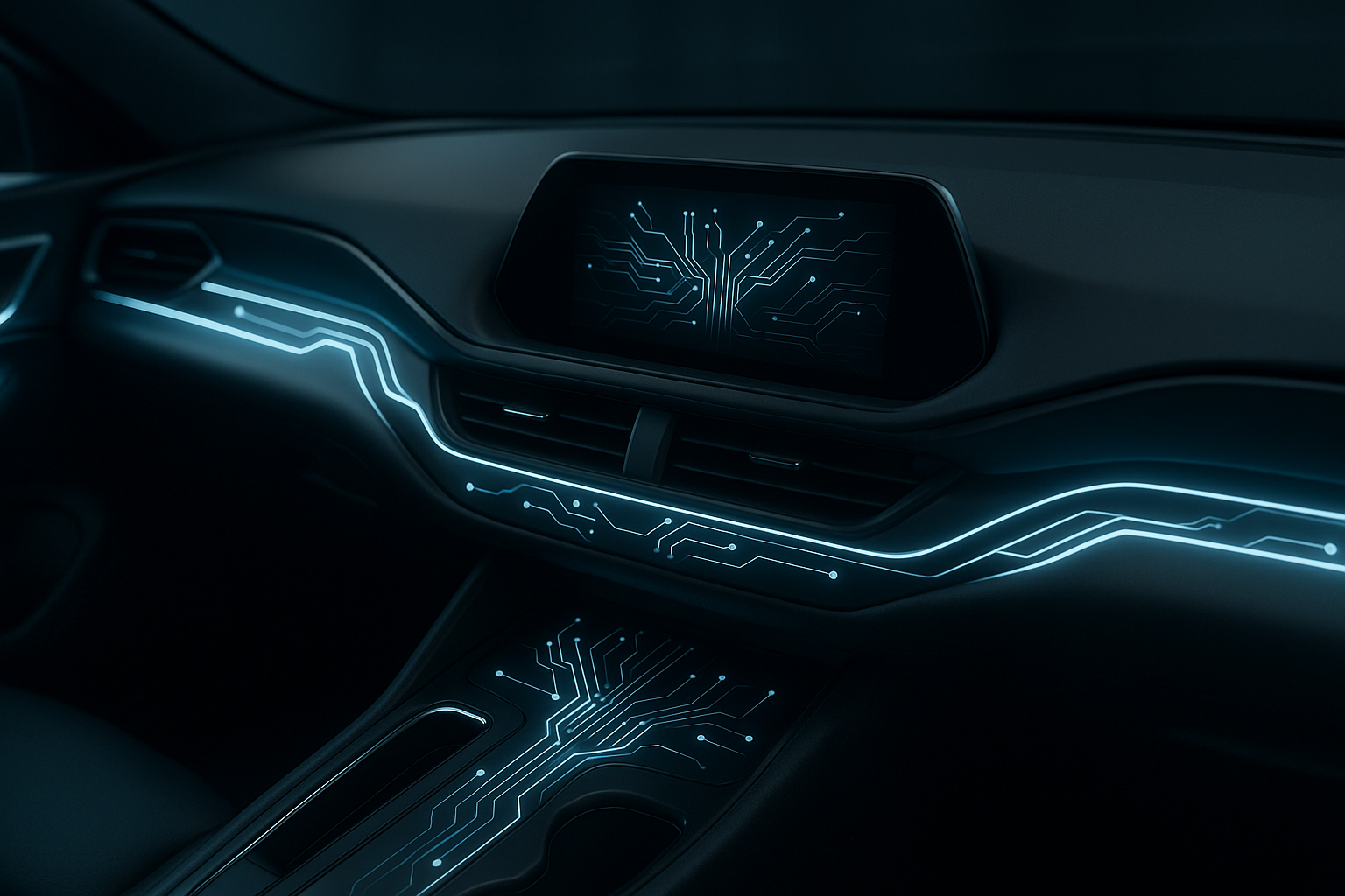Interior de coche del futuro con plastrónica integrada en el salpicadero y paneles de puerta con iluminación LED invisible