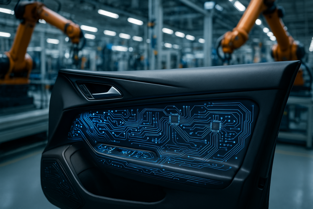 Panel de puerta de coche con circuitos electrónicos integrados en plástico mediante tecnología de plastrónica en fábrica de automoción