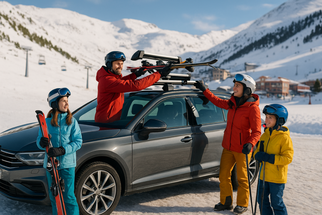 Familia colocando esquís en portaesquís de techo para transporte seguro de material de nieve en coche