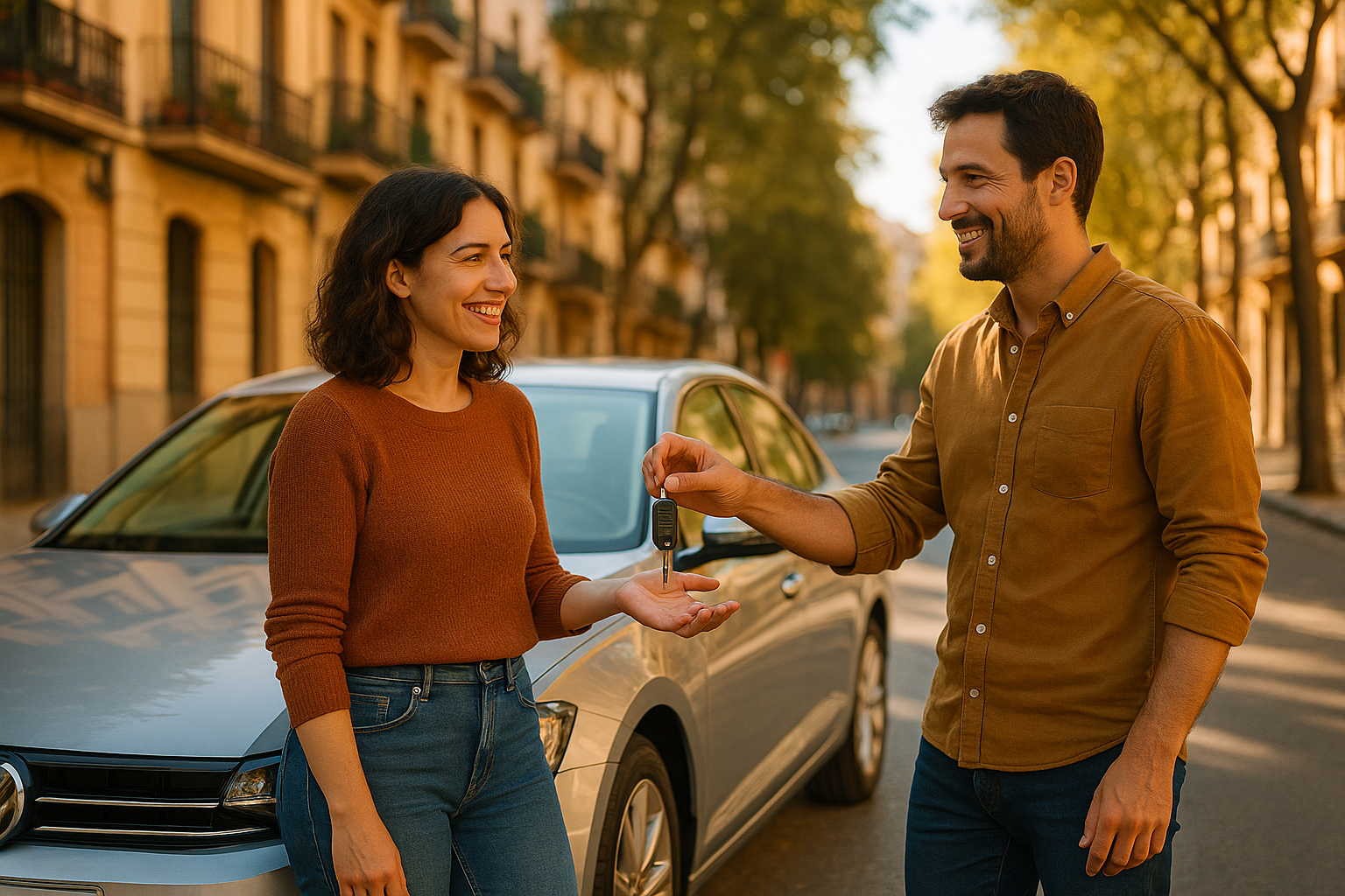 Familiar recibiendo las llaves de un coche de renting de manos de su pareja en una calle española