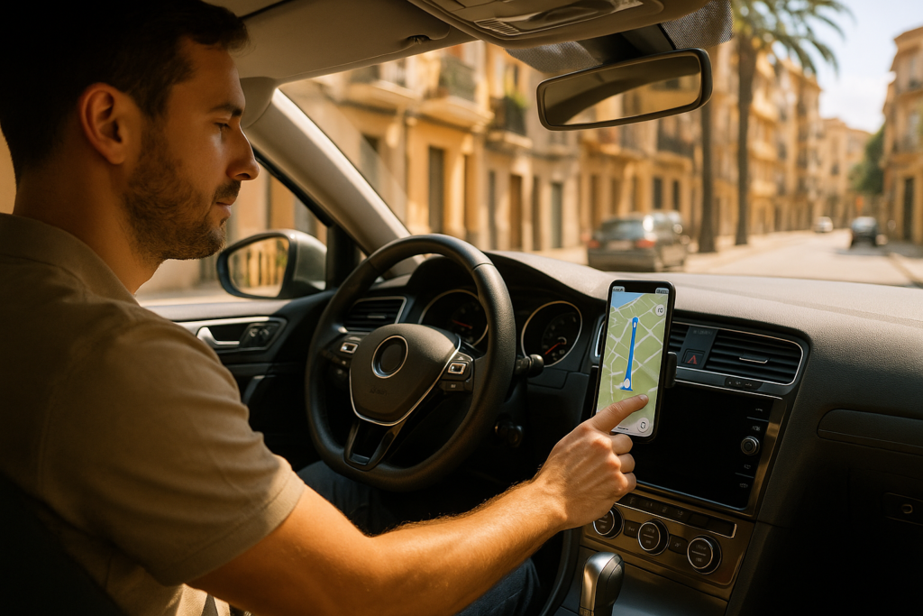 Conductor programando el GPS antes de iniciar la marcha para evitar distracciones al volante