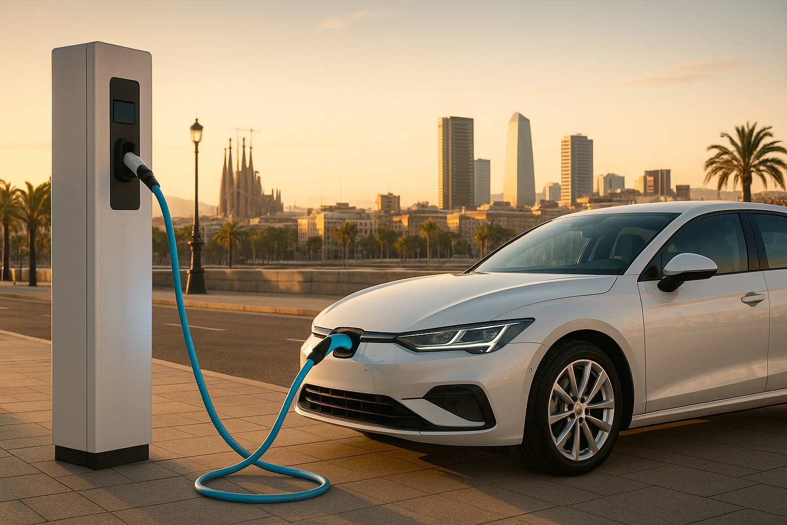 Coche eléctrico conectado a un punto de carga rápida en una ciudad española con infraestructura moderna de recarga