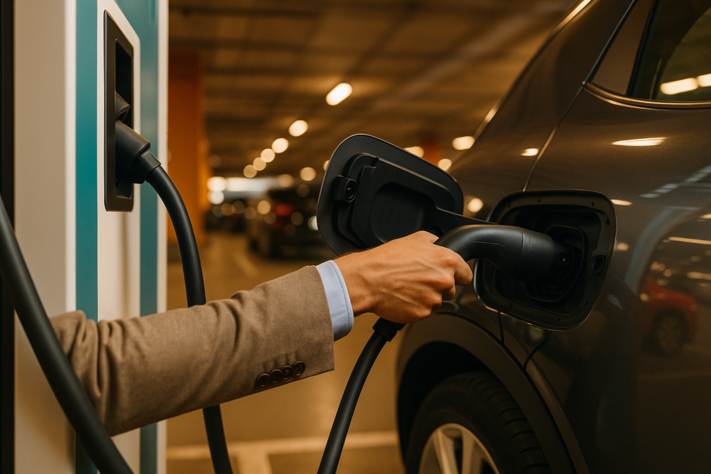 Persona conectando un cable de carga a un coche eléctrico en un parking de centro comercial en España