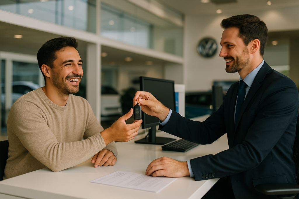 Cliente recogiendo coche después del mantenimiento incluido en renting sin pagar