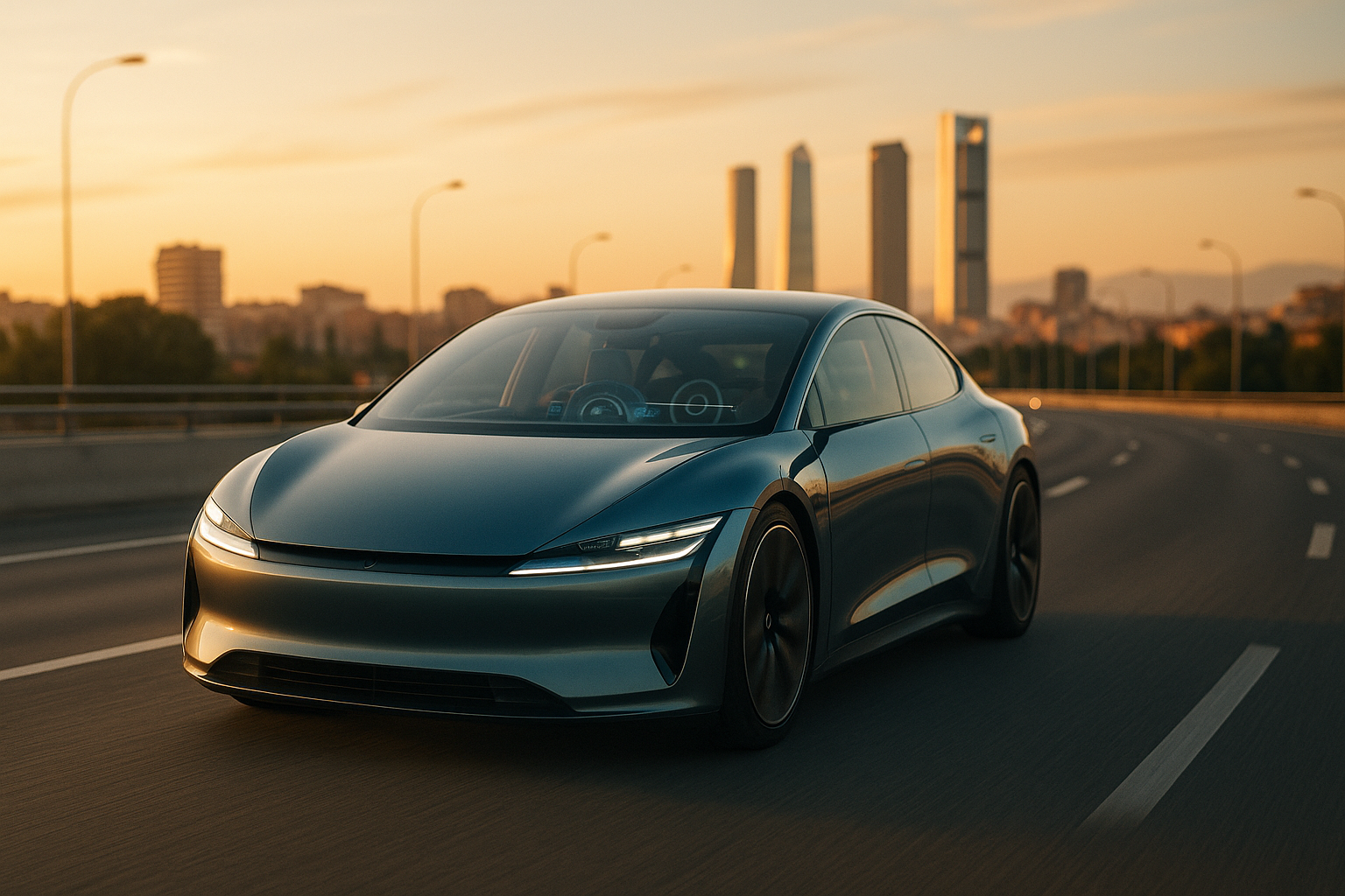 Coche autónomo sin conductor circulando por una ciudad española en renting del futuro