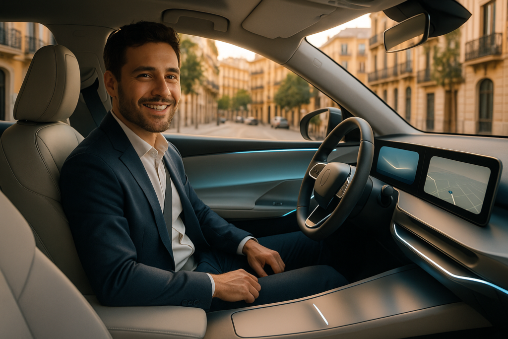 Conductor disfrutando del interior tecnológico de un coche eléctrico moderno con plastrónica en renting en España