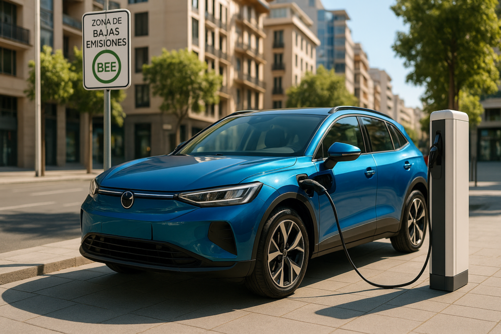 Coche eléctrico en renting conectado a punto de carga en zona de bajas emisiones en España