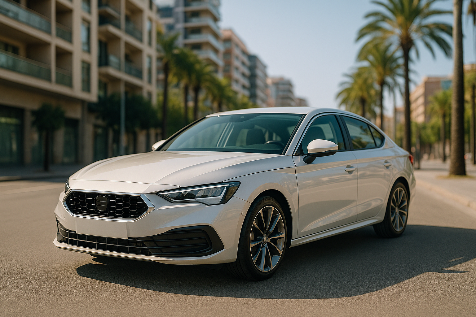 Renting de coches en España: coche moderno aparcado en ciudad española con cuota mensual todo incluido