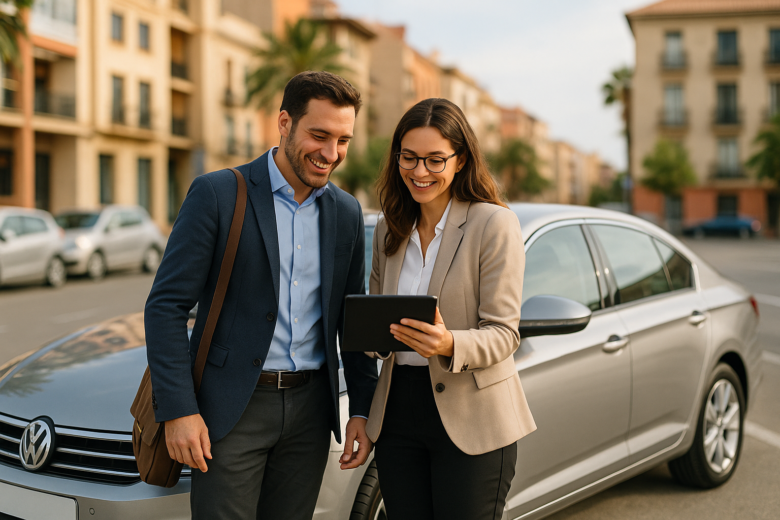 Dos personas compartiendo un coche de renting en España revisando el contrato juntas