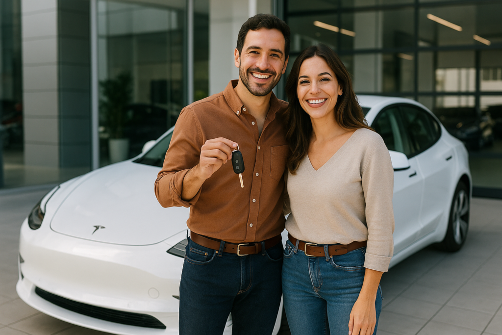 Pareja española recogiendo coche eléctrico de renting sin entrada con cuota mensual todo incluido
