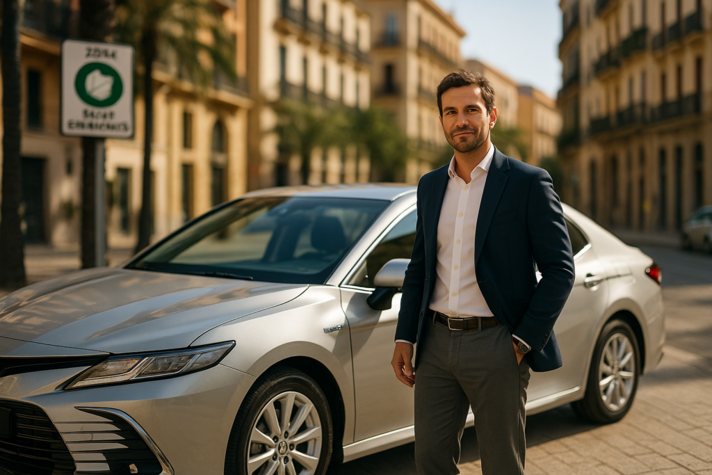Empresario junto a coche de renting híbrido en zona de bajas emisiones en España para movilidad corporativa sostenible