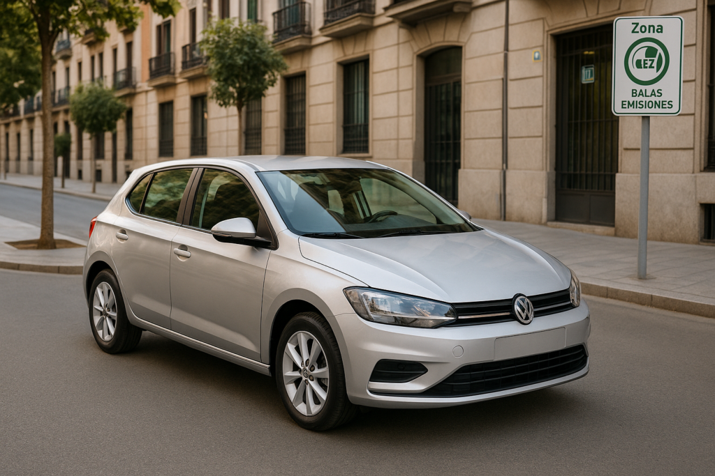 Coche de gasolina en renting aparcado en zona de bajas emisiones de ciudad española