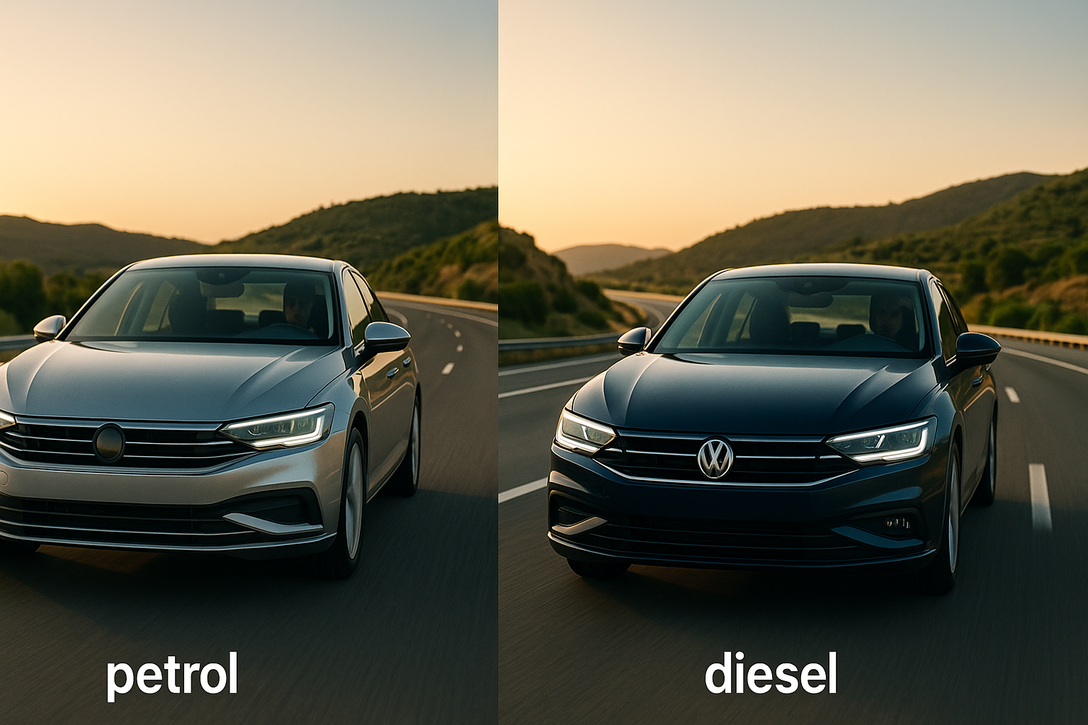 Comparativa de coches de gasolina y diésel en renting en España circulando por autopista