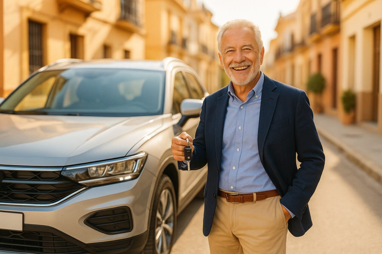 Persona mayor de 65 años sonriente junto a un SUV moderno en renting sin preocupaciones