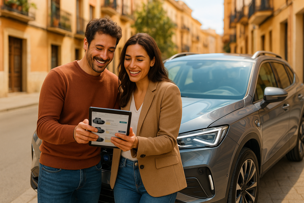 Pareja española comparando ofertas de renting de coches con tecnología de seguridad avanzada en BuscoRenting.com