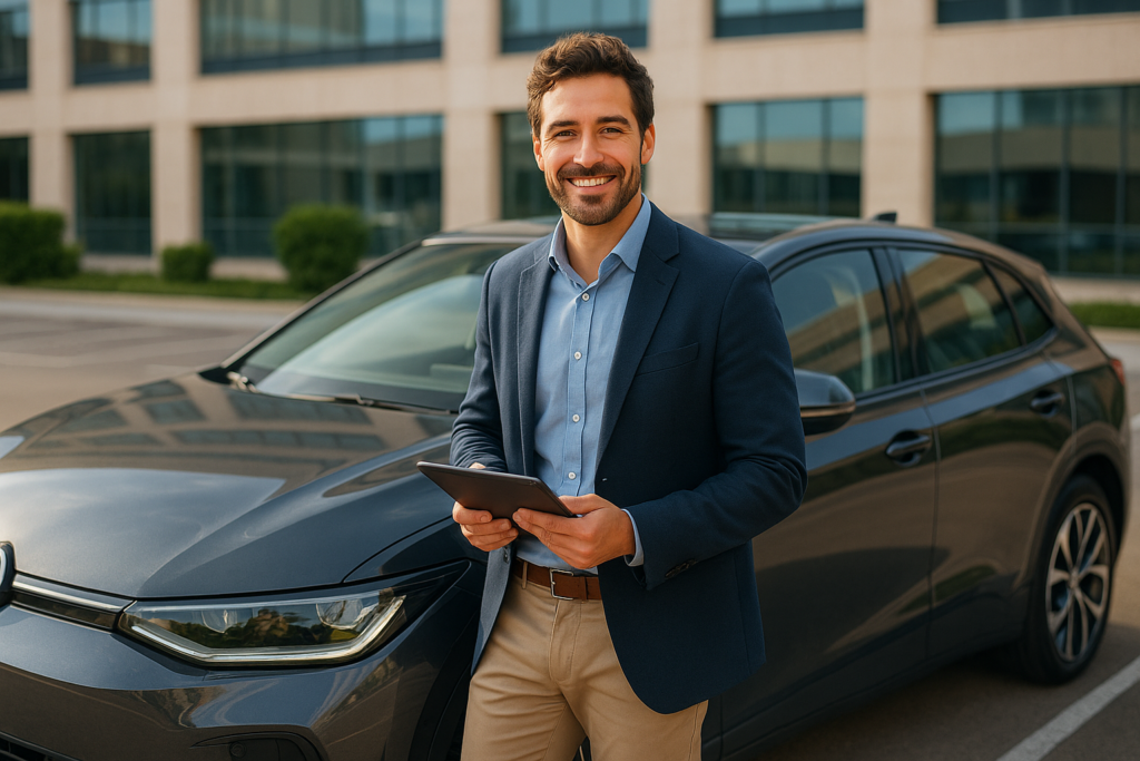 Empresario junto a un coche eléctrico de empresa en renting, solución para el plan de movilidad sostenible empresarial