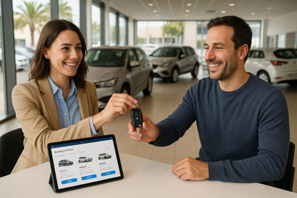 Cliente firmando contrato de renting de vehículo con tecnología de seguridad activa ADAS en concesionario en España