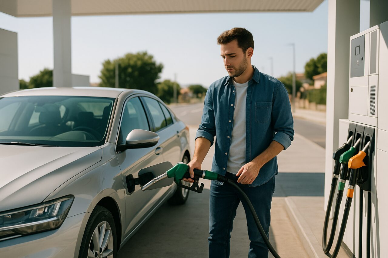 Conductor repostando en una gasolinera low cost en España con un coche moderno