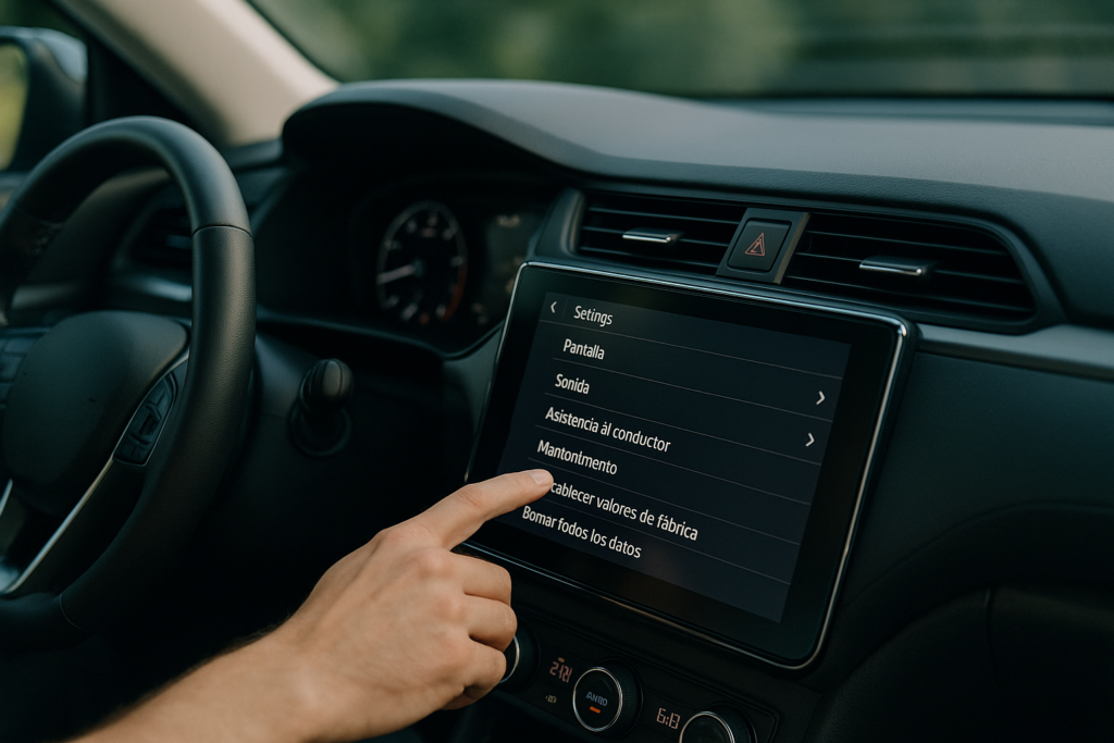 Pantalla del sistema de infoentretenimiento de un coche moderno mostrando la opción de restablecer valores de fábrica para borrar datos personales