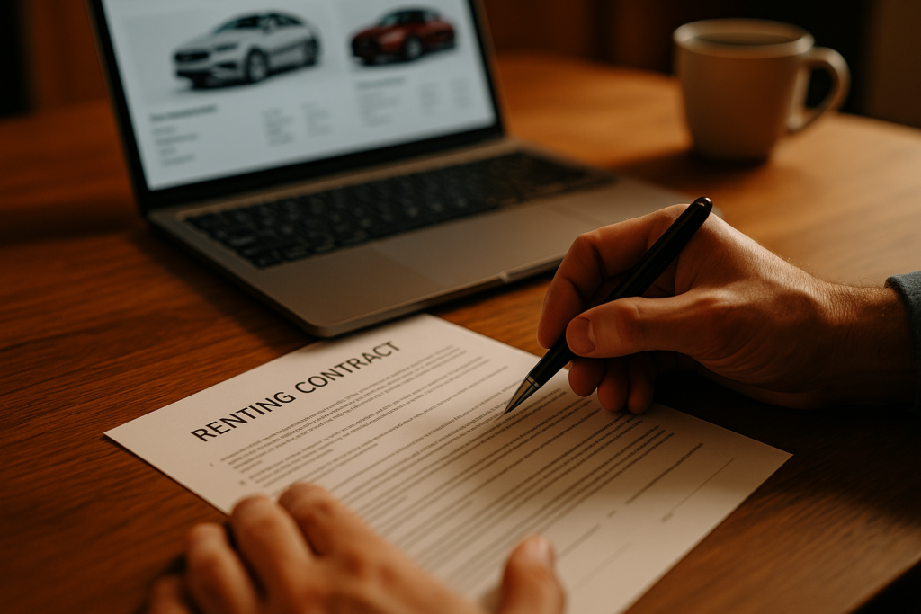 Persona revisando los detalles del contrato de renting antes de firmar, comprobando kilometraje, seguro y mantenimiento incluido