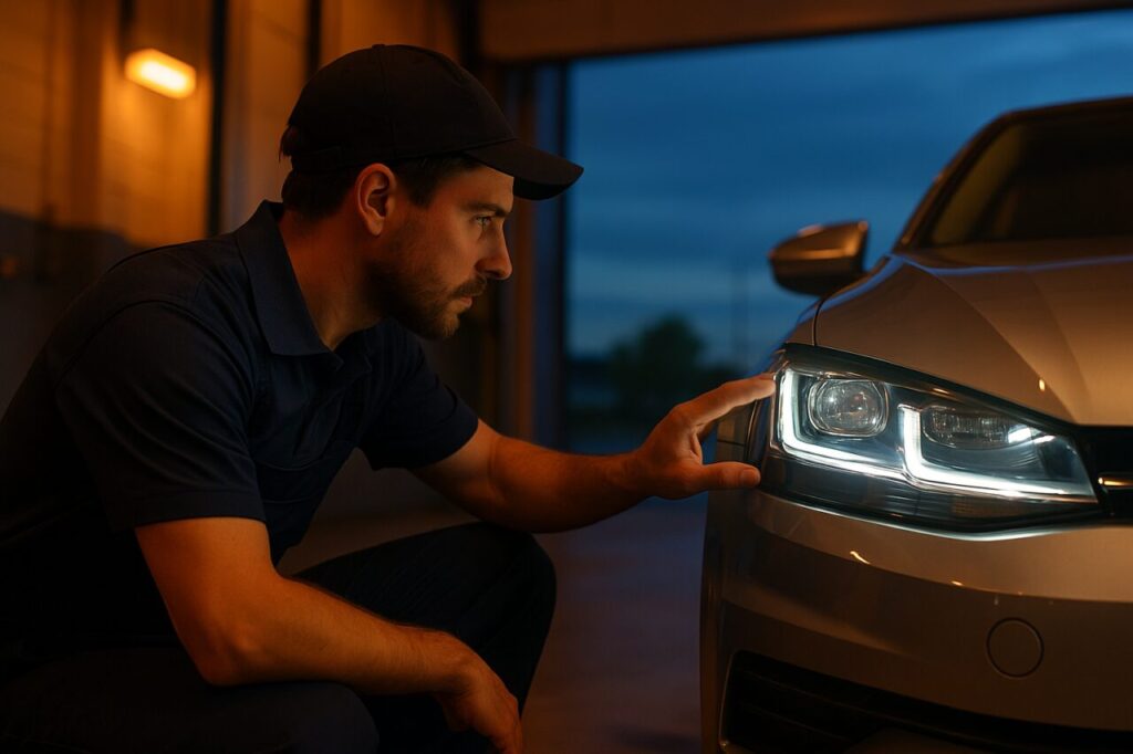Revisión de faros de un coche moderno antes de un viaje nocturno, mantenimiento incluido en renting