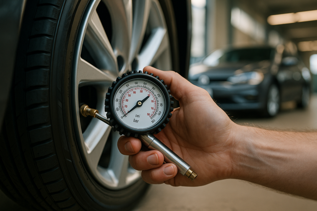 Comprobación de la presión de los neumáticos de un coche de renting con manómetro profesional