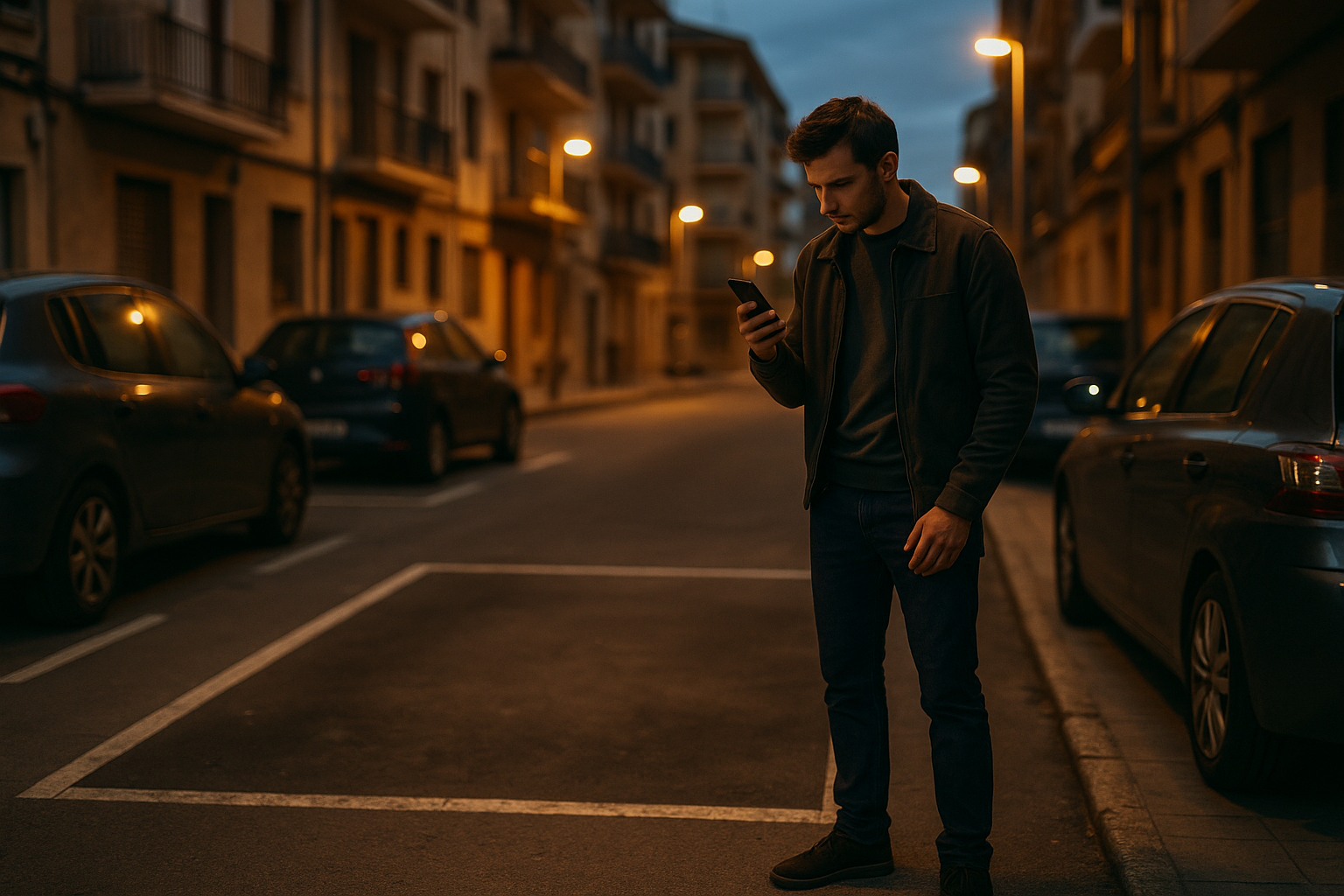 Persona descubriendo el robo de su coche de renting en un aparcamiento urbano en España