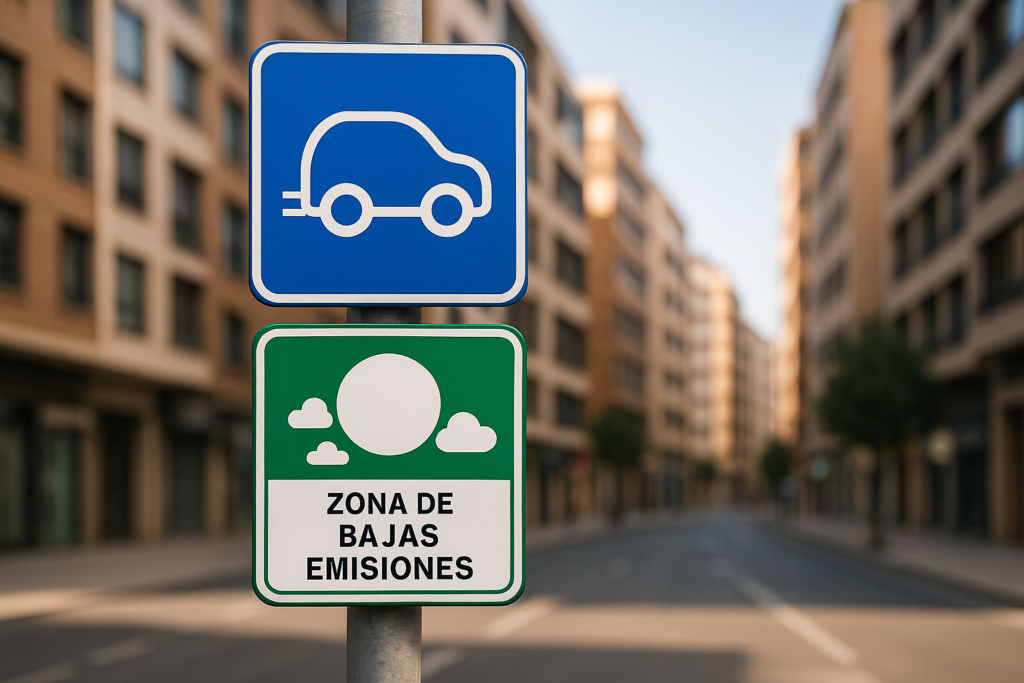 Señales de tráfico nuevas en 2026 para zonas de bajas emisiones y puntos de recarga eléctrica en ciudad española