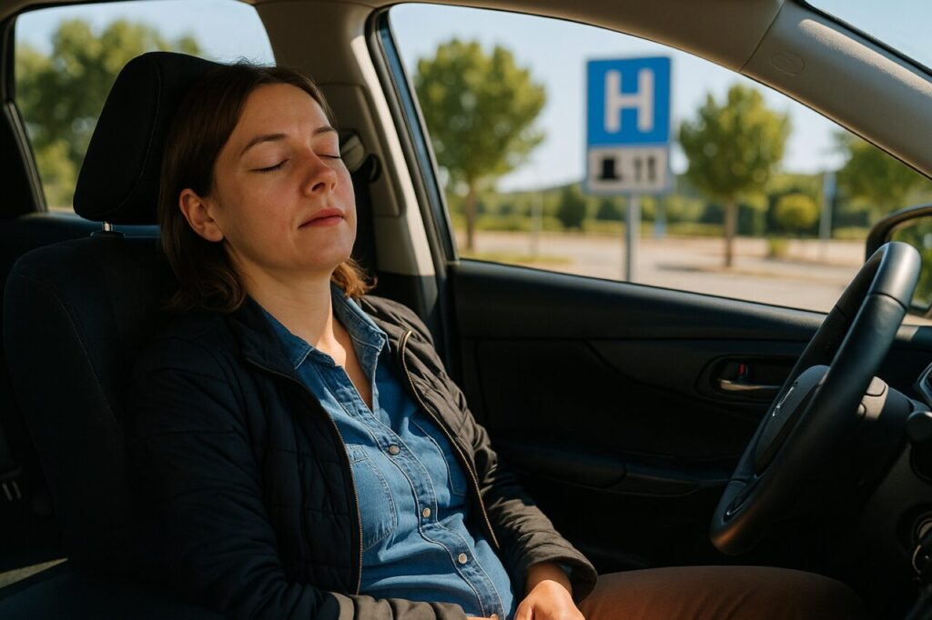 Conductora haciendo una siesta breve en un área de descanso de autovía española para combatir el sueño al volante