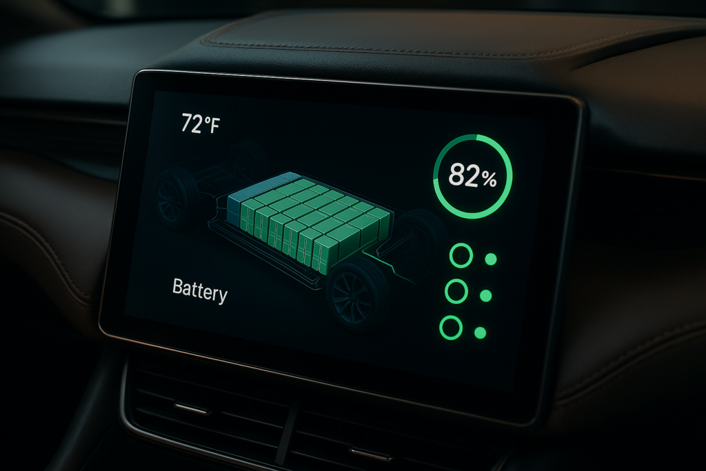 Sistema de gestión de batería BMS en pantalla de coche eléctrico mostrando estado óptimo y seguro de las celdas