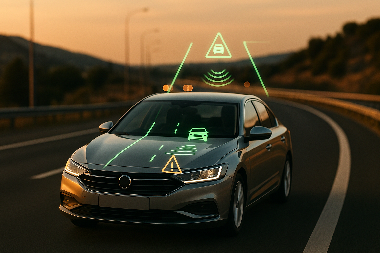Sistemas ADAS en un coche moderno de renting circulando por una autopista española con tecnología de asistencia a la conducción activa