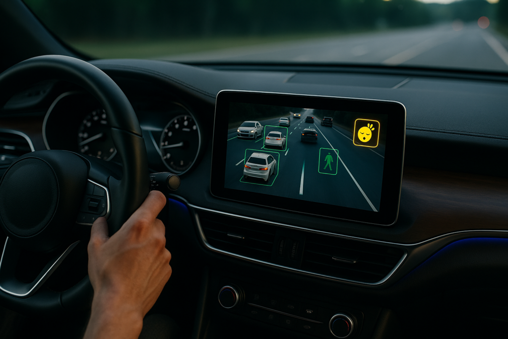 Panel de control con sistemas ADAS: detección de peatones, asistencia de carril y alerta de somnolencia en coche moderno
