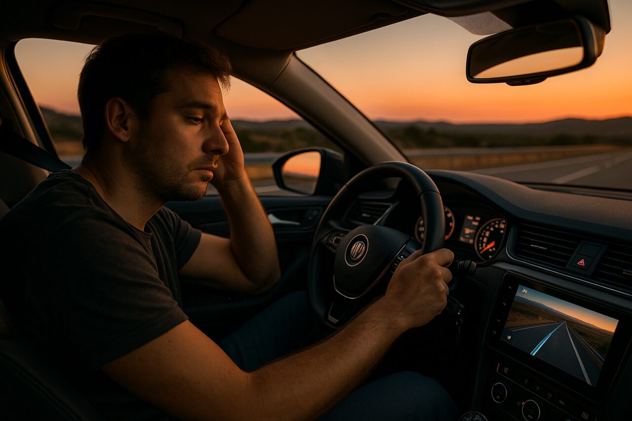 Conductor con somnolencia al volante en una autovía española al atardecer