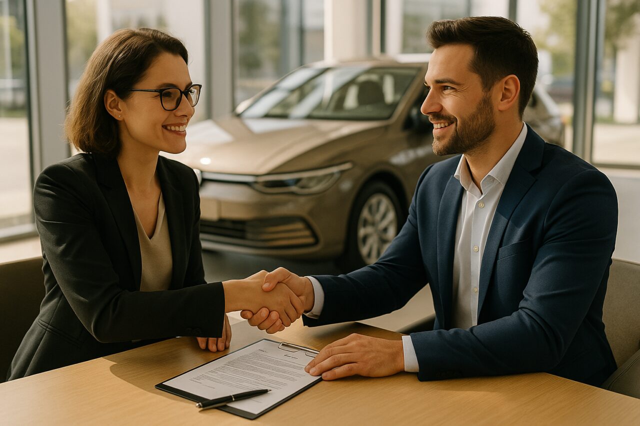 Dos personas firmando un contrato de subrogación de renting de coche en España