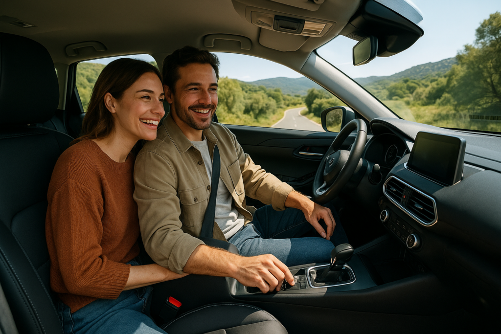 Pareja conduciendo un SUV automático en renting por carretera española