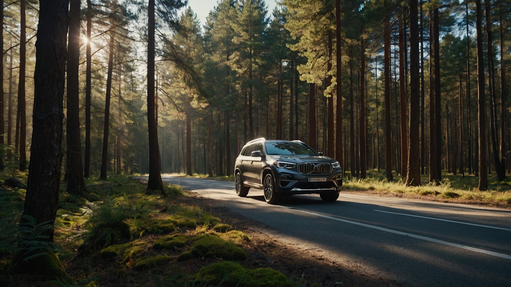 SUV cruzando un bosque por una carretera