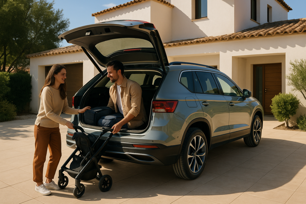 Familia cargando el maletero de un SUV familiar en renting con amplio espacio de carga