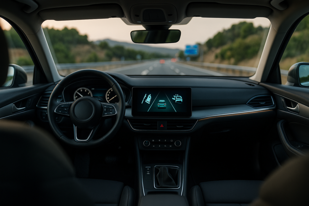 Tecnología de seguridad activa en el interior de un coche moderno con sistemas de asistencia a la conducción