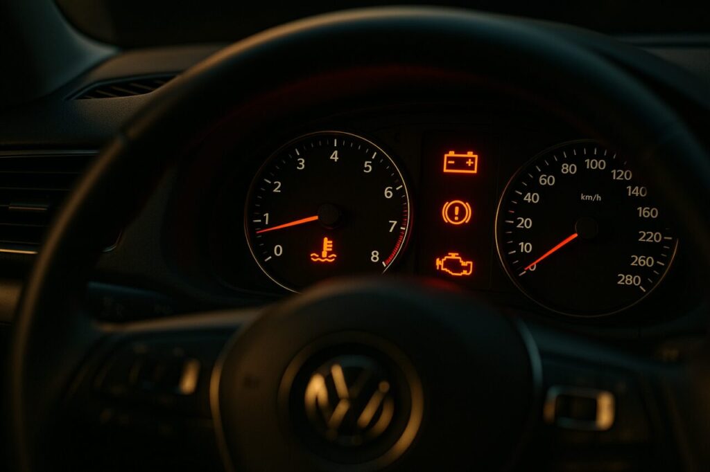 Testigos de avería encendidos en el cuadro de mandos de un coche moderno